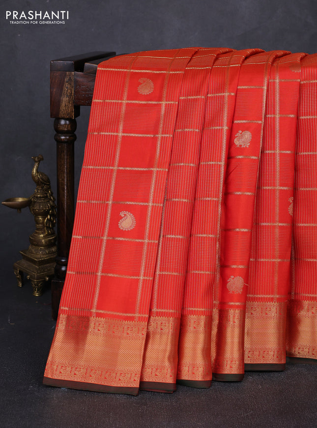 Pure kanchipuram silk saree rustic orange and bottle green with allover zari checks & buttas and rich zari woven border