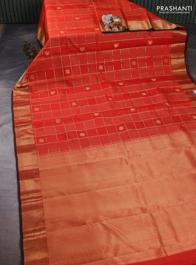Pure kanchipuram silk saree rustic orange and bottle green with allover zari checks & buttas and rich zari woven border