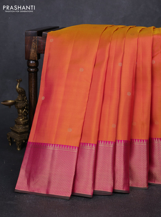 Pure kanchipuram silk saree dual shade of mango yellow and pink with zari woven buttas and rich zari woven border
