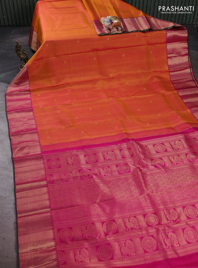 Pure kanchipuram silk saree dual shade of mango yellow and pink with zari woven buttas and rich zari woven border