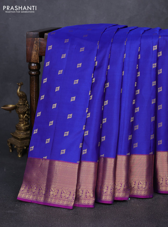 Pure kanchipuram silk saree royal blue and purple with allover zari woven buttas and rich zari woven border