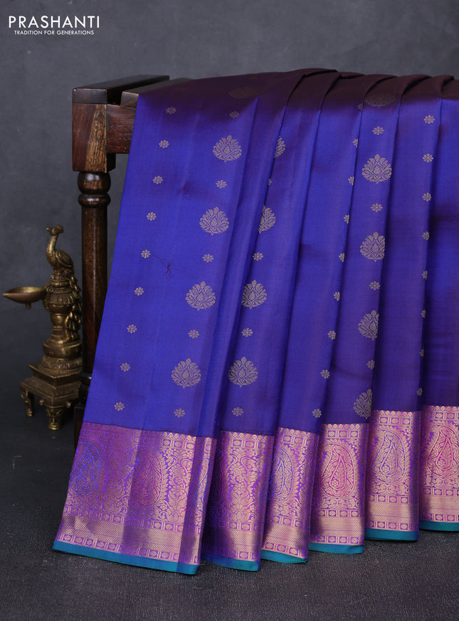 Pure kanchipuram silk saree blue and purple with allover zari woven buttas and rich zari woven paisley border