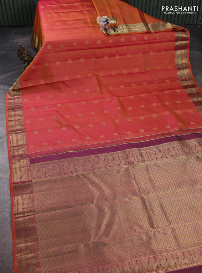 Pure kanchipuram silk saree dual shade of pinkish orange and dual shade of green with allover vairaosi pattern & buttas and annam zari woven border