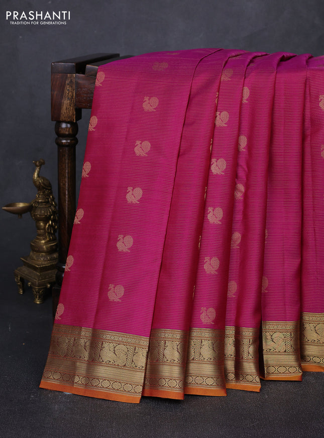 Pure kanchipuram silk saree magenta pink and dual shade of green with allover vairaosi pattern & buttas and annam zari woven border