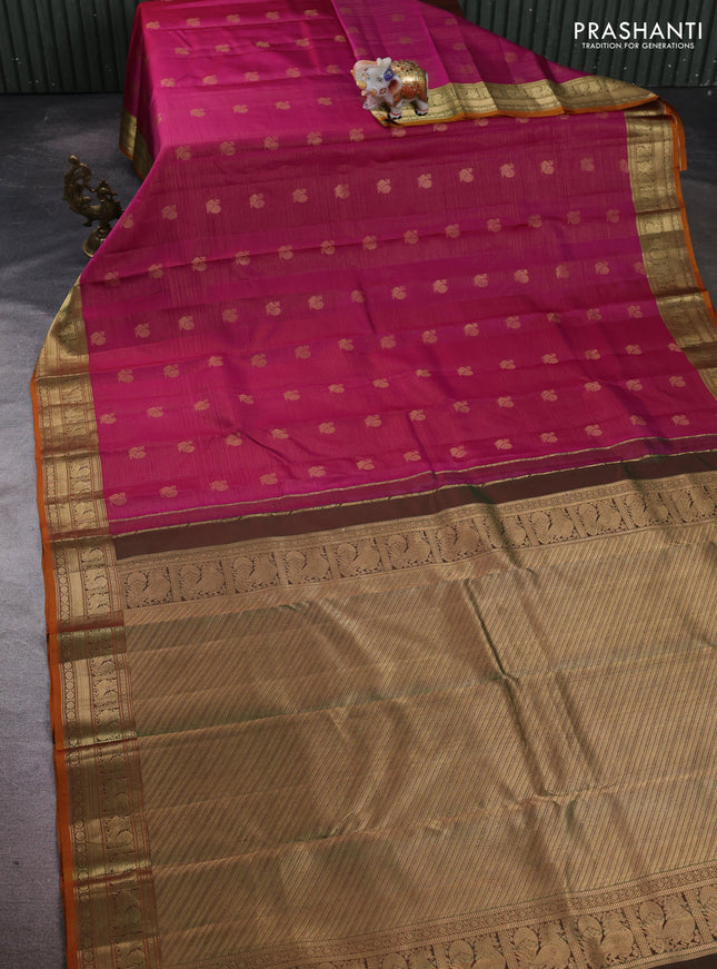 Pure kanchipuram silk saree magenta pink and dual shade of green with allover vairaosi pattern & buttas and annam zari woven border