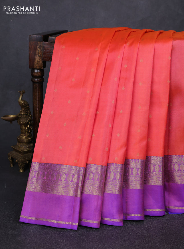 Pure kanchipuram silk saree orange and dual shade of purple with zari woven buttas and rettapet zari woven border