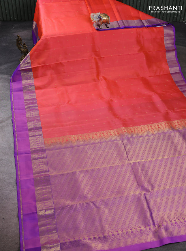 Pure kanchipuram silk saree orange and dual shade of purple with zari woven buttas and rettapet zari woven border