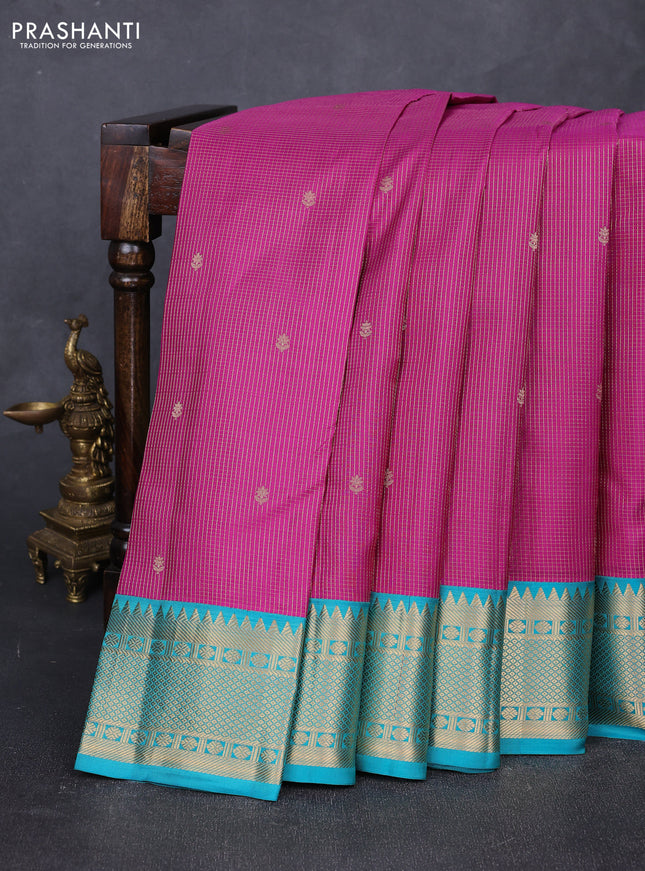 Pure kanchipuram silk saree purple and teal green with allover small zari checks & buttas and zari woven korvai border