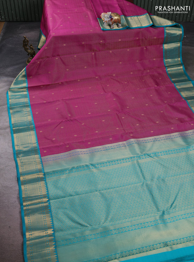 Pure kanchipuram silk saree purple and teal green with allover small zari checks & buttas and zari woven korvai border