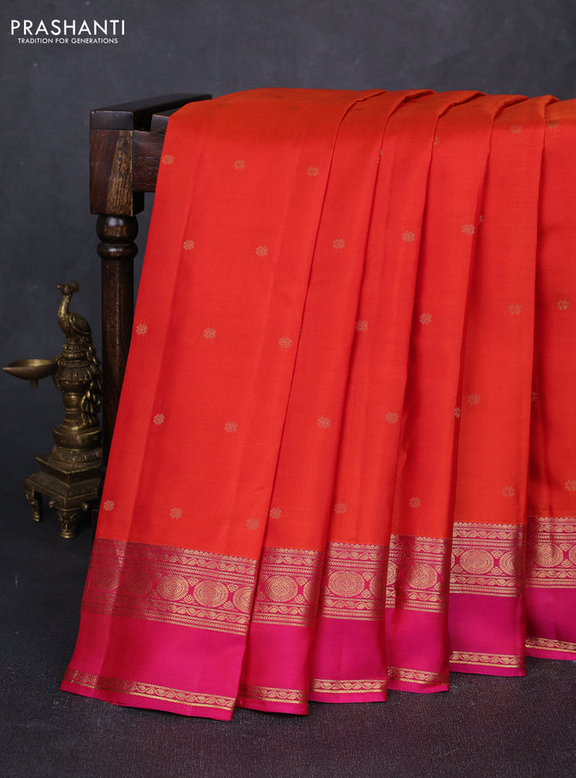 Pure kanchipuram silk saree orange and pink with zari woven buttas and rettapet zari woven border