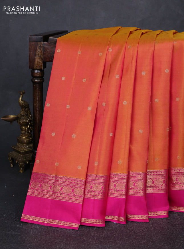 Pure kanchipuram silk saree dual shade of yellowish pink and pink with zari woven buttas and rettapet zari woven border