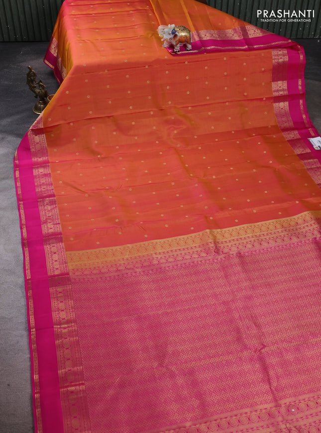 Pure kanchipuram silk saree dual shade of yellowish pink and pink with zari woven buttas and rettapet zari woven border
