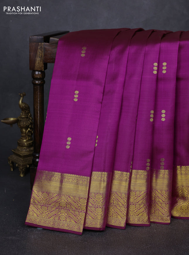 Pure kanchipuram silk saree purple with zari woven geometric buttas and rich zari woven border