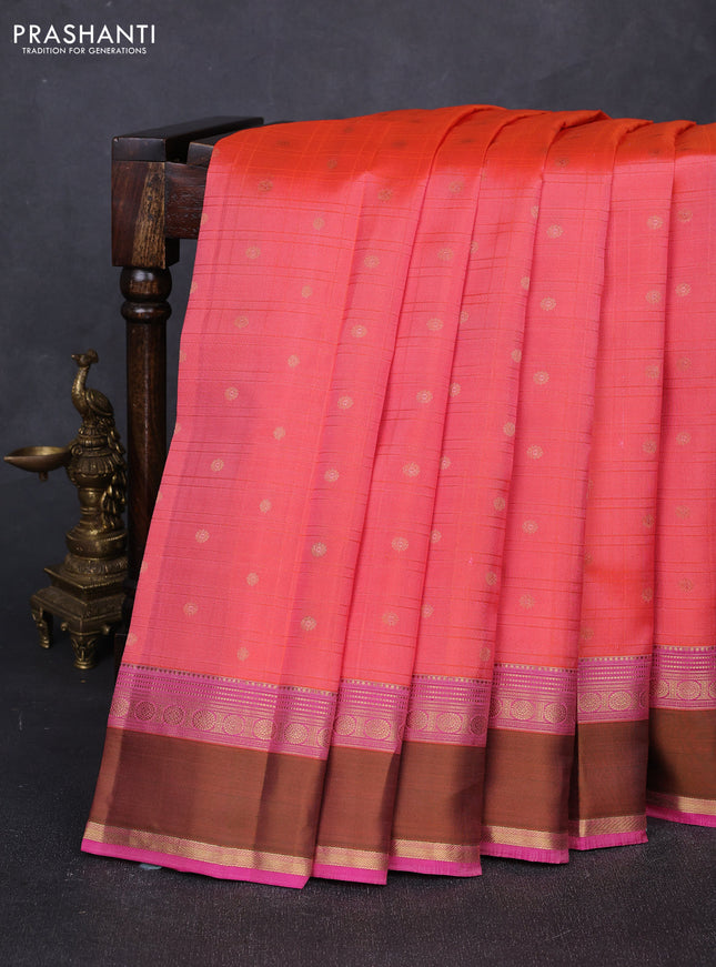 Pure kanchipuram silk saree peach orange and pink with allover self emboss & zari buttas and rettapet zari woven border