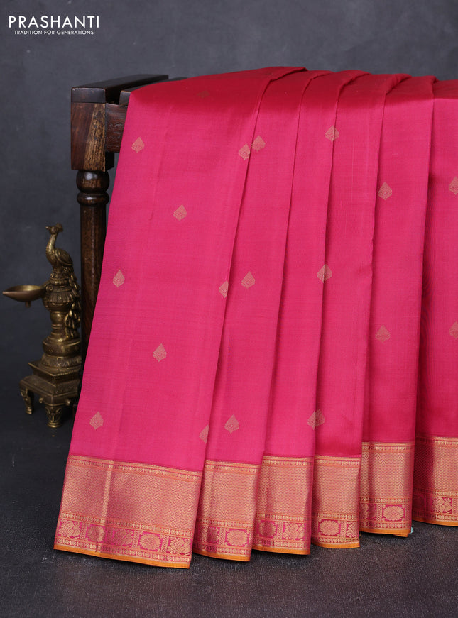 Pure kanchipuram silk saree pink and mustard yellow with zari woven buttas and zari woven border