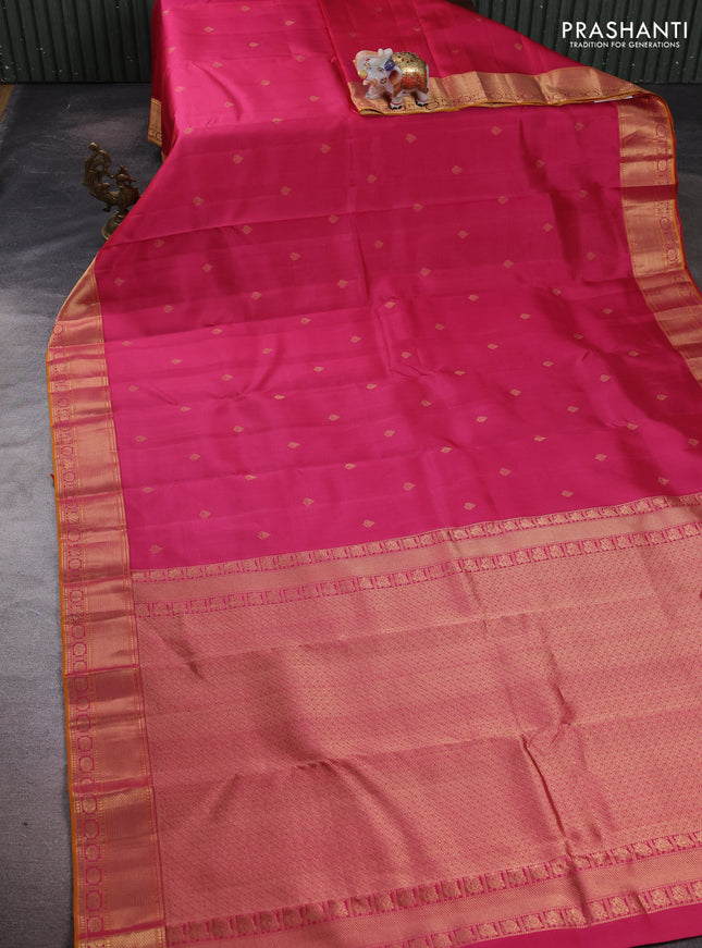 Pure kanchipuram silk saree pink and mustard yellow with zari woven buttas and zari woven border