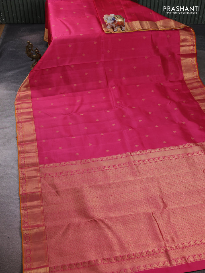 Pure kanchipuram silk saree pink and mustard yellow with zari woven buttas and zari woven border