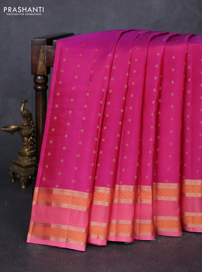 Pure kanchipuram silk saree magenta pink and peach pink with allover zari woven 1000 buttas and rettapet zari woven border