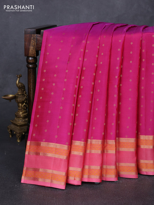 Pure kanchipuram silk saree magenta pink and peach pink with allover zari woven 1000 buttas and rettapet zari woven border