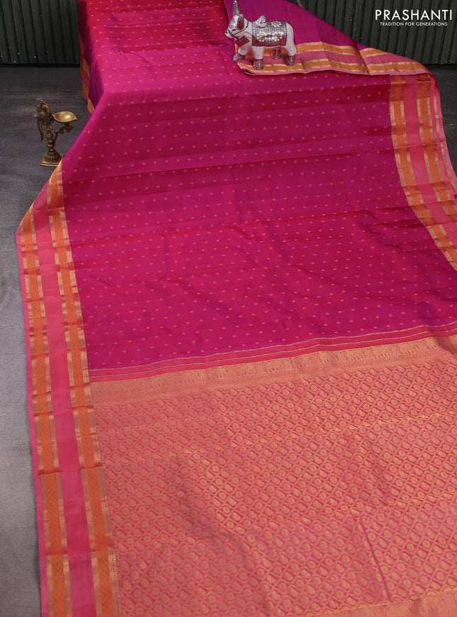 Pure kanchipuram silk saree magenta pink and peach pink with allover zari woven 1000 buttas and rettapet zari woven border