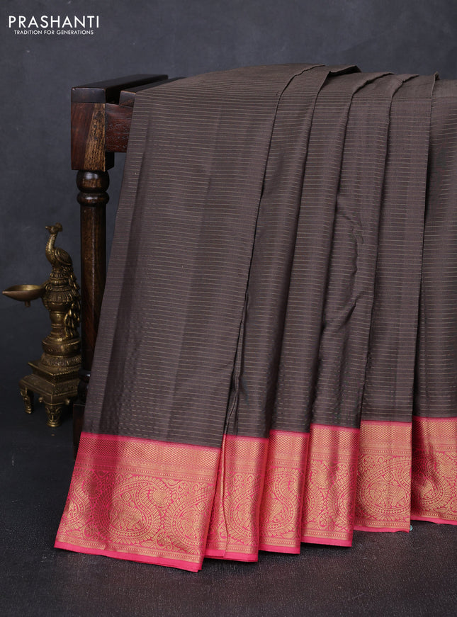 Pure kanchipuram silk saree grey and pink with allover zari stripe pattern and rich zari woven border