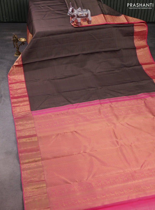 Pure kanchipuram silk saree grey and pink with allover zari stripe pattern and rich zari woven border