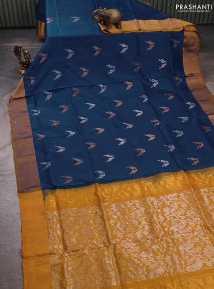 Peacock Blue & Mustard Yellow Uppada Silk Saree - Buttas