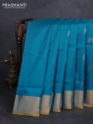 Teal Blue & Yellow Uppada Silk Saree - Buttas