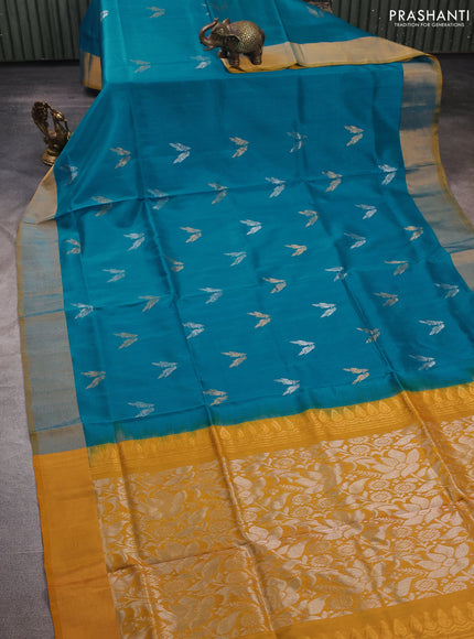Teal Blue & Yellow Uppada Silk Saree - Buttas
