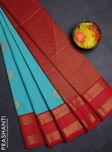 Teal Blue & Red Semi Kanchipuram Silk - Korvai