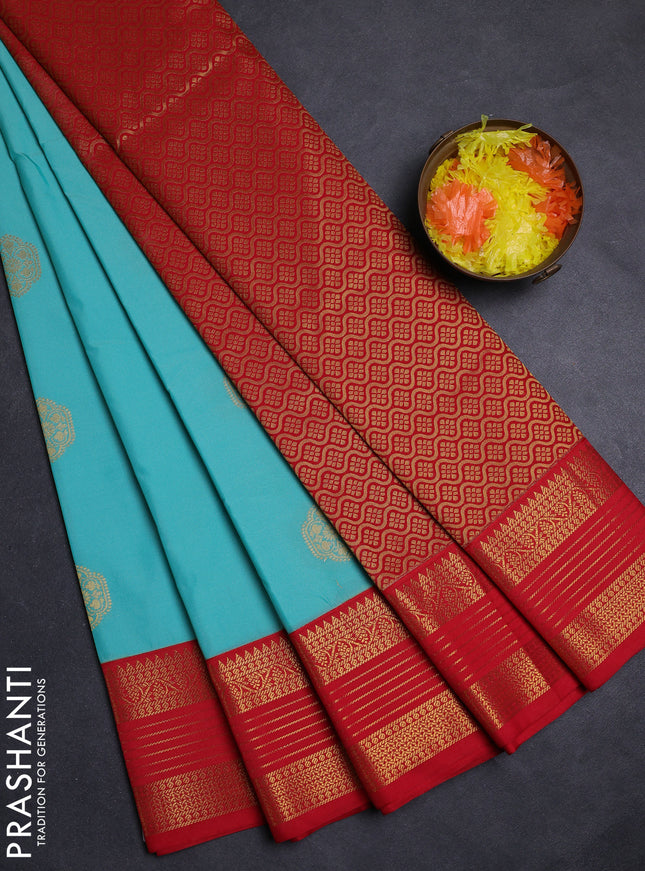 Teal Blue & Red Semi Kanchipuram Silk - Korvai