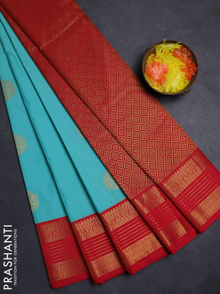 Teal Blue & Red Semi Kanchipuram Silk - Korvai