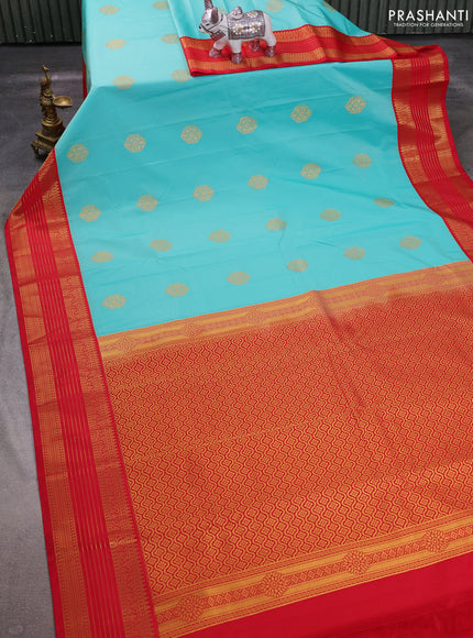 Teal Blue & Red Semi Kanchipuram Silk - Korvai