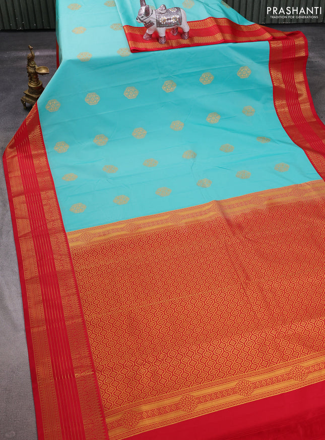 Teal Blue & Red Semi Kanchipuram Silk - Korvai
