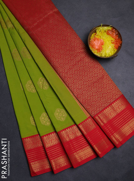 Lime Green & Red Semi Kanchipuram Silk - Korvai