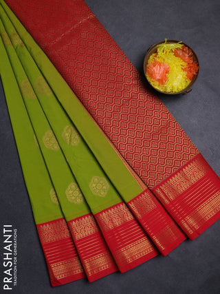 Lime Green & Red Semi Kanchipuram Silk - Korvai