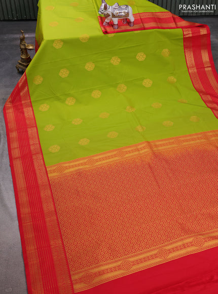Lime Green & Red Semi Kanchipuram Silk - Korvai