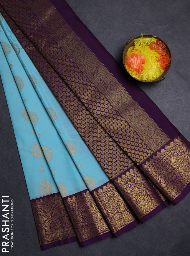 Teal Blue & Purple Semi Kanchipuram Silk - Korvai