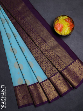 Teal Blue & Purple Semi Kanchipuram Silk - Korvai