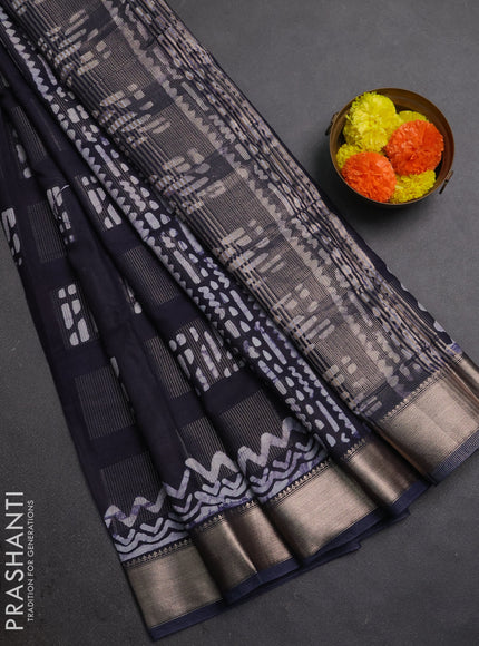 Navy Blue Semi Chanderi Saree - Batik Prints