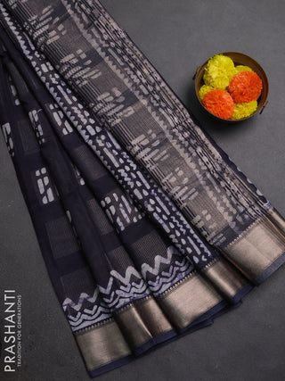 Navy Blue Semi Chanderi Saree - Batik Prints