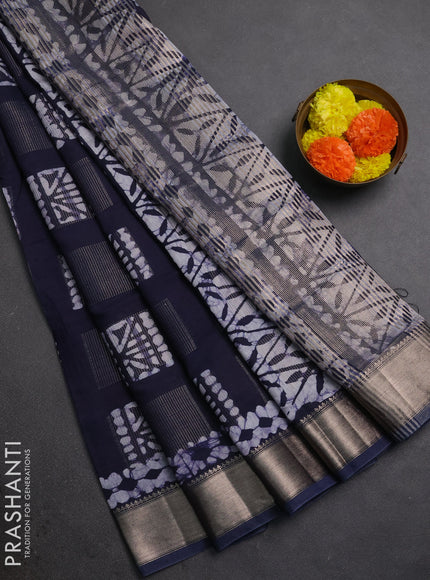 Navy Blue Semi Chanderi Saree - Batik Prints