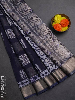 Navy Blue Semi Chanderi Saree - Batik Prints