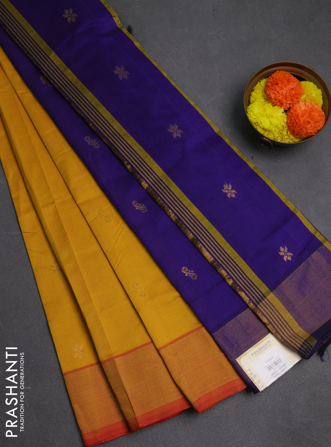 Mustard Yellow & Violet Semi Silk Cotton Saree - Buttas