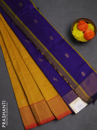 Mustard Yellow & Violet Semi Silk Cotton Saree - Buttas