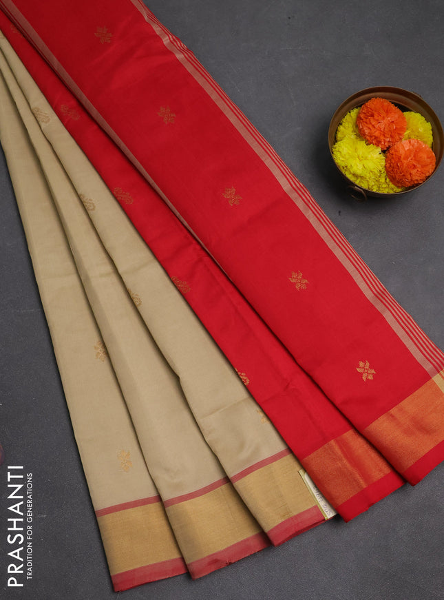 Beige & Red Semi Silk Cotton Saree - Buttas