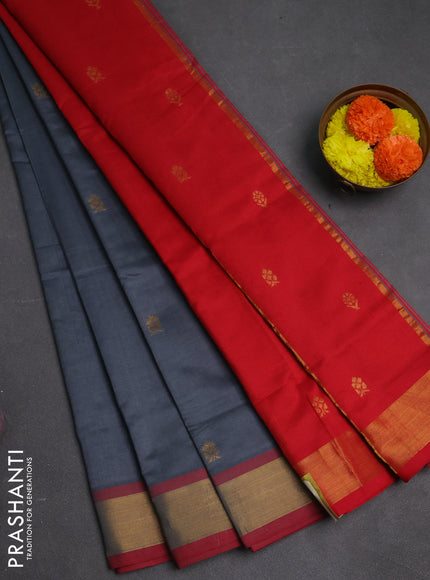 Grey & Red Semi Silk Cotton Saree - Buttas