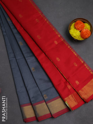 Grey & Red Semi Silk Cotton Saree - Buttas