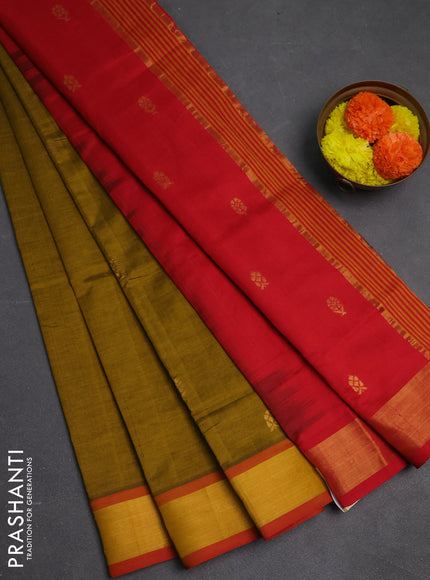 Mustard Green & Red Semi Silk Cotton Saree - Buttas