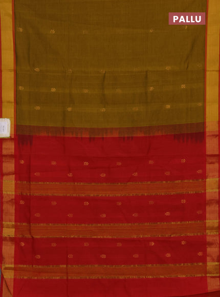 Mustard Green & Red Semi Silk Cotton Saree - Buttas